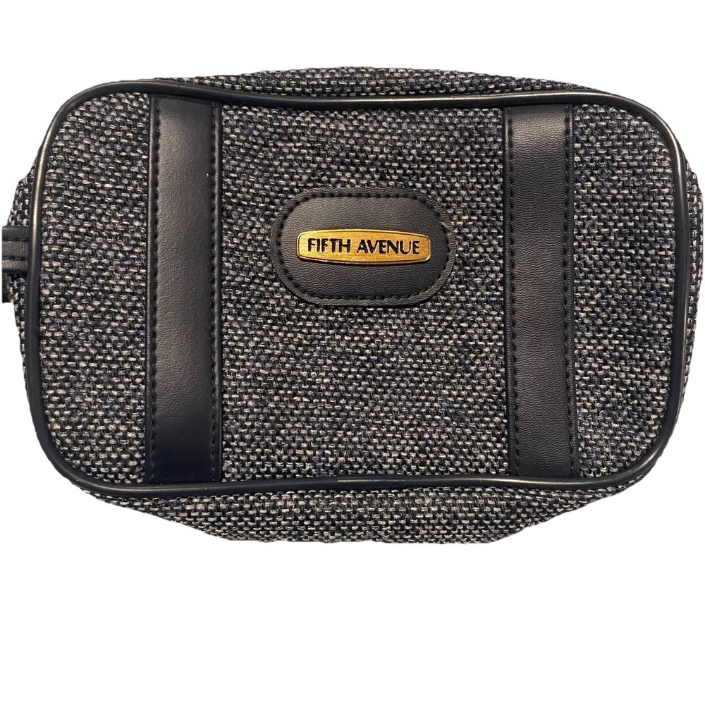 VTG Fifth Avenue Gray Blue Tweed Small Toiletry Accessory Make-up Travel Bag‎